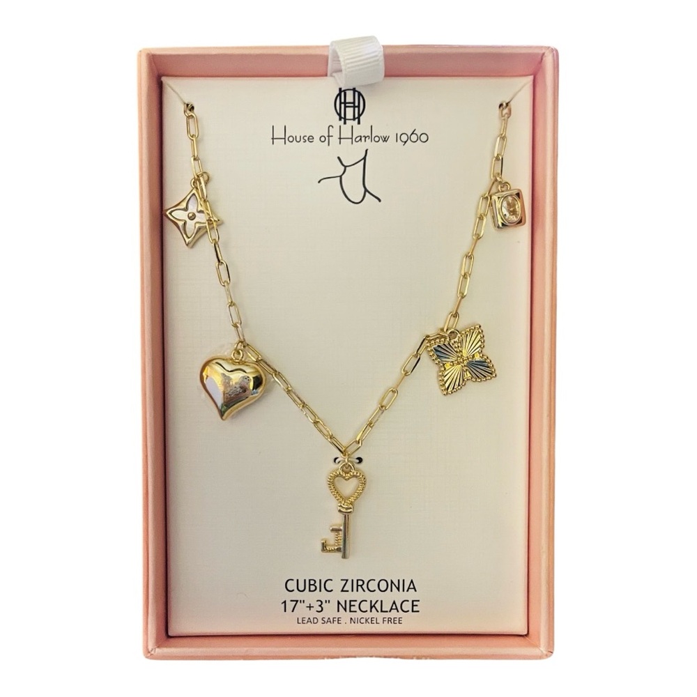 New In Box House Of Harlow 1960 Goldtone Adjustable Charm Necklace. - Picture 5 of 11